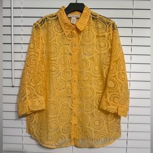 c.l.o.t.h.e.s Mustard Yellow Sheer Burnout Swirl Button Up Blouse Large